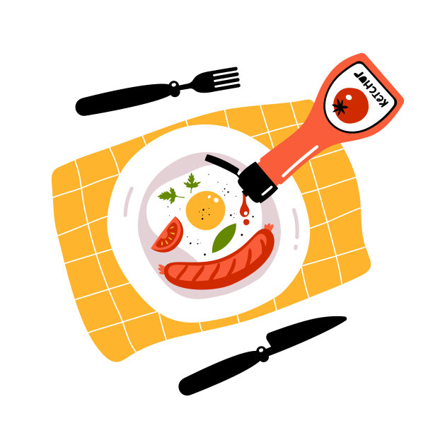 煎蛋，香肠和番茄酱。卡通平的风格。早餐时间。矢量插图。图片下载