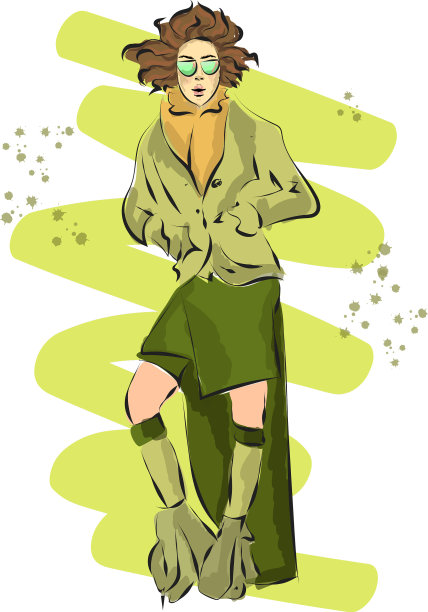 穿着绿色夹克的模特的时尚素描图片下载