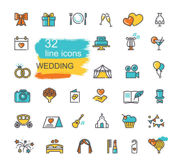 婚礼图标设置线彩色符号图片下载