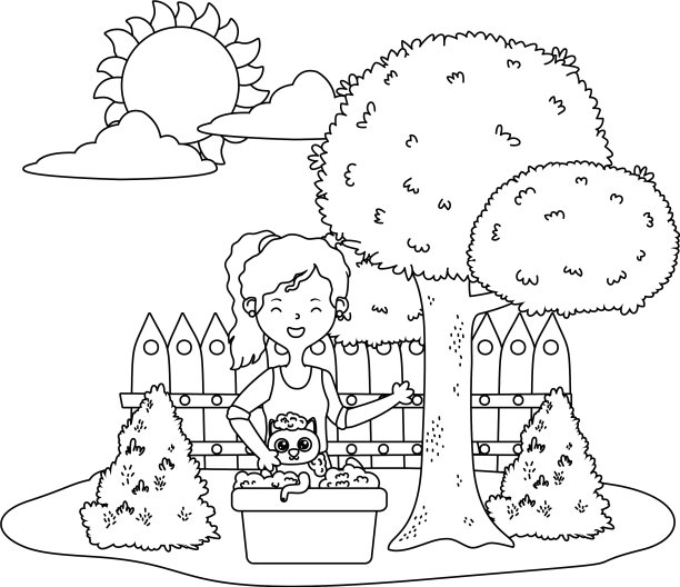 女孩与猫卡通设计图片下载