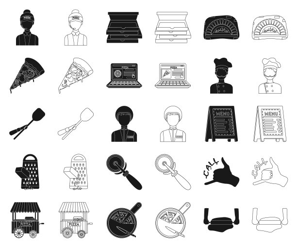 披萨和披萨店黑色轮廓图标设置图片下载