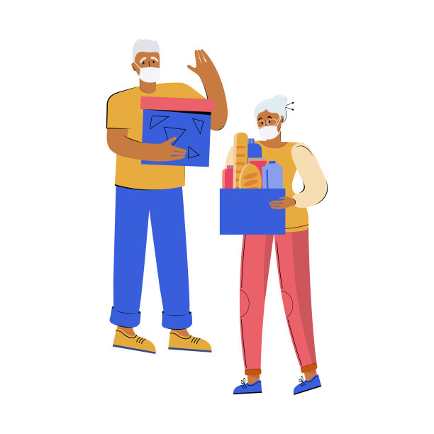 戴着医用防护口罩的老年男子和妇女手持装有社会援助的箱子。年长的人。在隔离期间帮助老人。支持社会关怀、志愿服务和慈善理念。图片下载