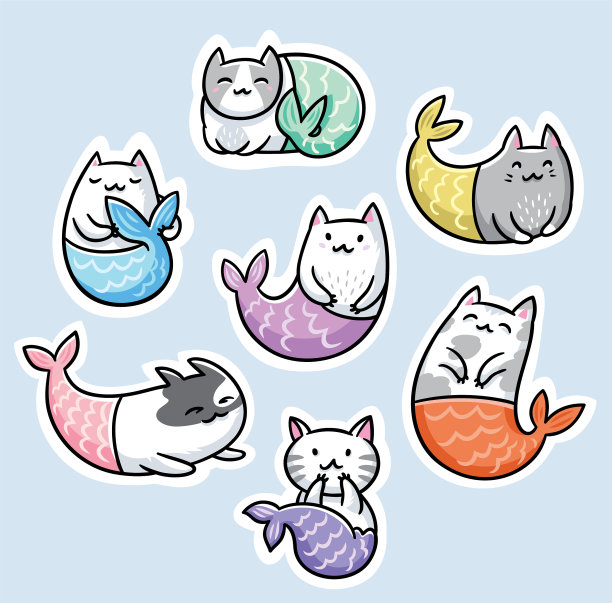 贴纸设置可爱可爱的猫美人鱼图片下载