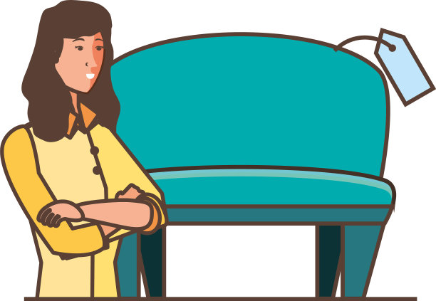 漂亮的年轻女人，带着沙发和价签图片下载