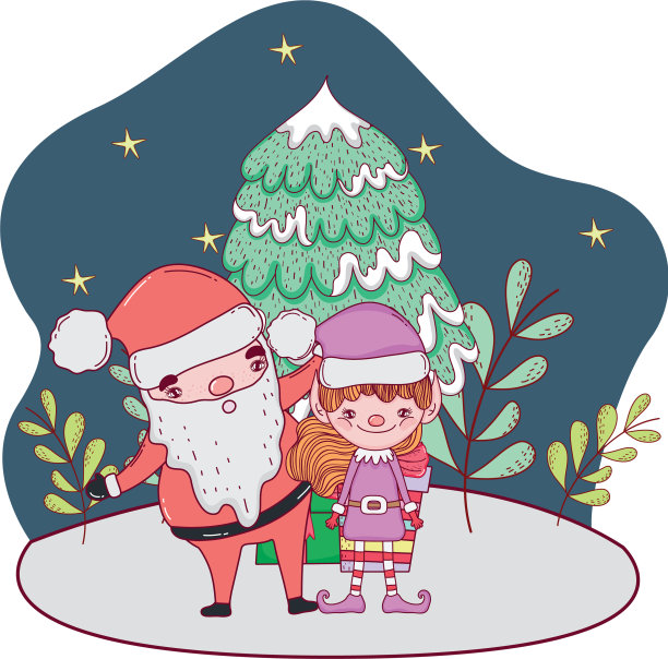 圣诞老人带着树和助手在雪景中图片下载