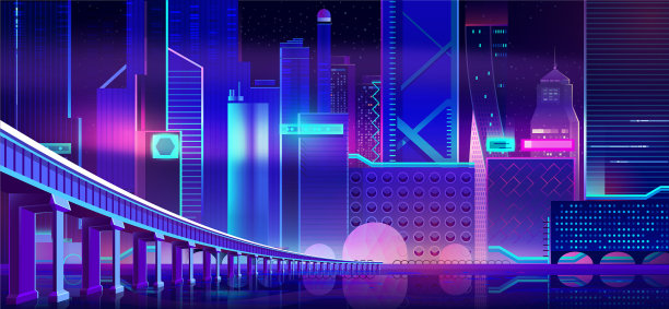 海湾水面上的霓虹城市和桥梁图片下载