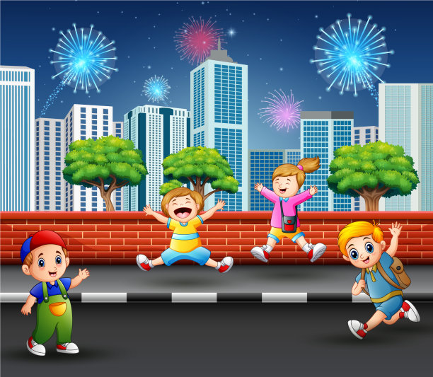 快乐的孩子们在街上又跳又笑图片下载