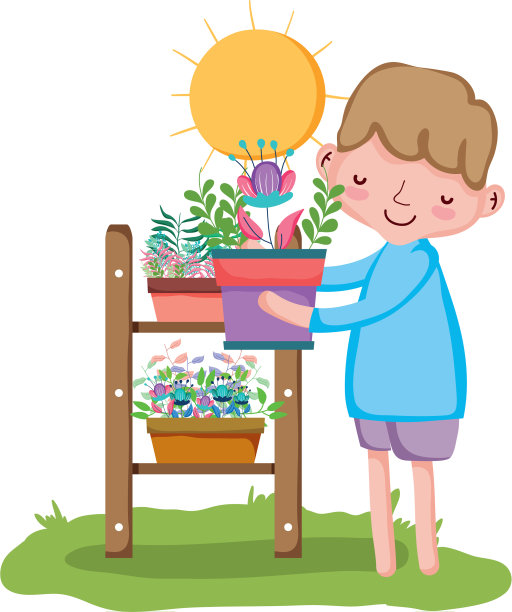 小男孩用架子抬室内植物图片下载