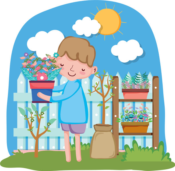 男孩用栅栏和架子举起室内植物图片下载