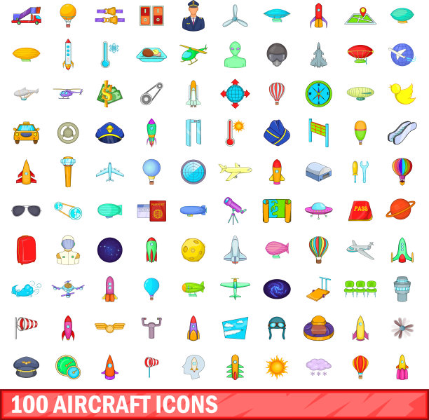 100架飞机图标设置卡通风格图片下载