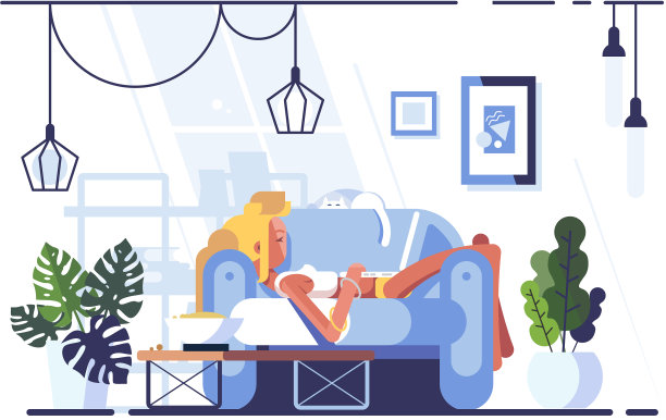 卡通金发女郎放松与笔记本电脑在沙发上图片下载