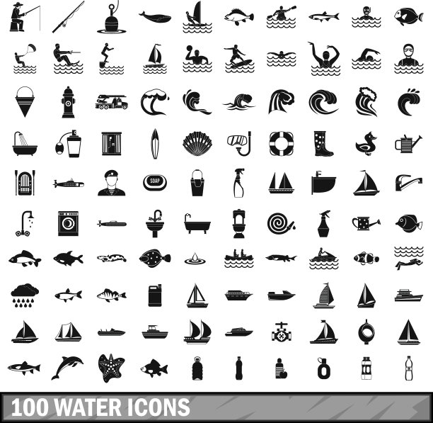 100个水图标设置在简单的风格图片下载