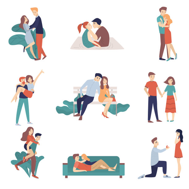 一组年轻的恩爱夫妇在约会他们亲吻图片下载