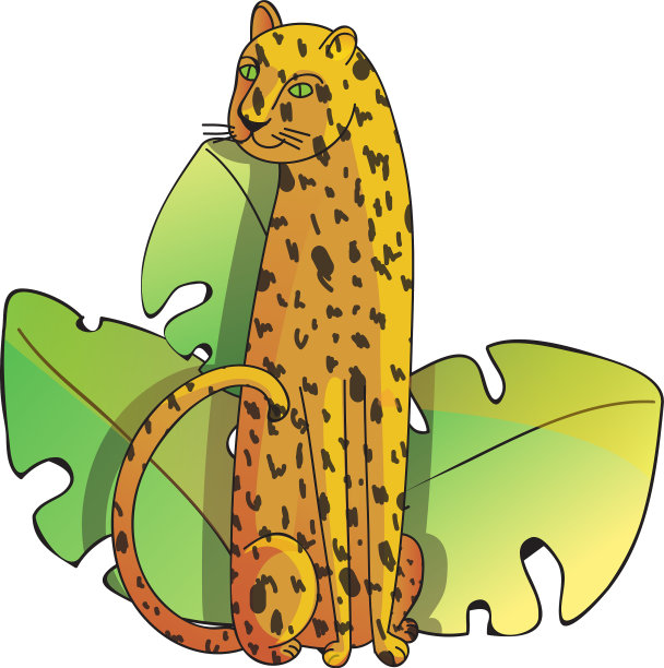 可爱的坐豹和热带树叶在涂鸦图片下载