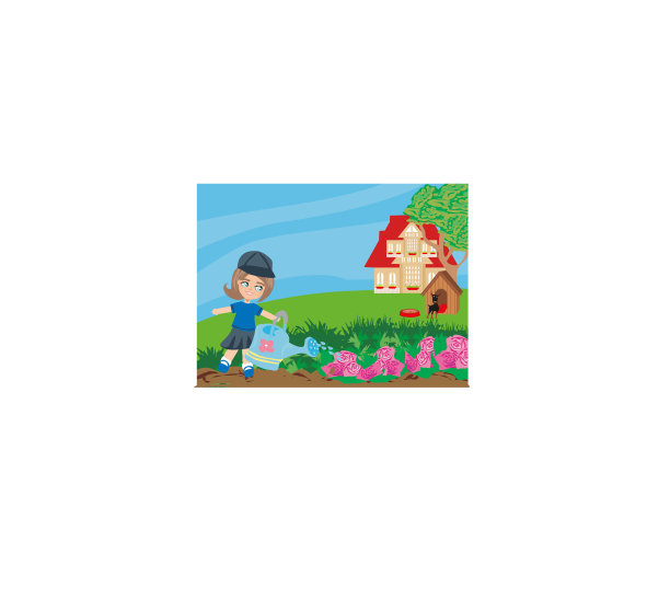 甜美的女孩在花园里浇花图片下载