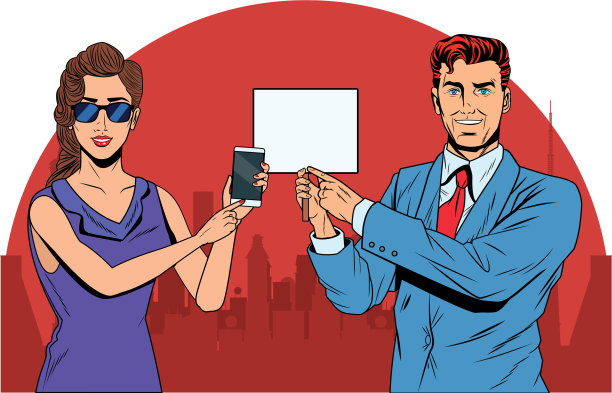 商业夫妇与手机和招牌图片下载