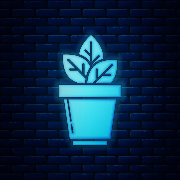 发光的霓虹灯花在锅图标孤立的砖图片下载