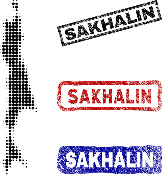 库页岛地图以半色调圆点风格搭配图片下载