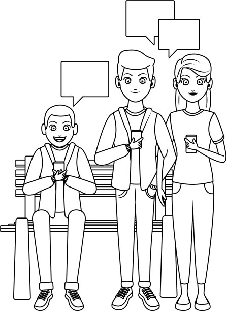 朋友们在长凳上玩智能手机图片下载