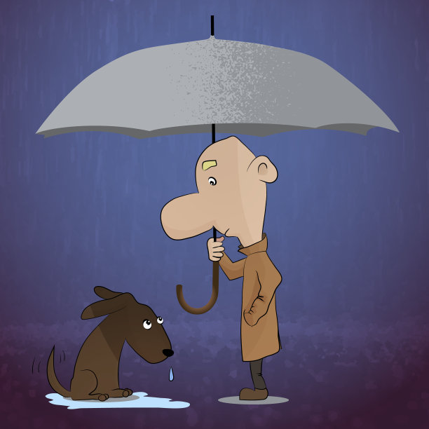 一个年轻人在雨中散步时发现了一条狗图片下载