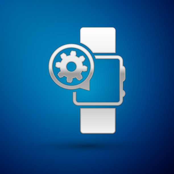 银色智能手表和齿轮图标孤立在蓝色图片下载