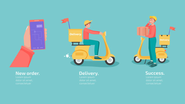 在线送货服务理念集，智能手机app新订单，男人开摩托车送货，人们站着守着箱子讲电话。图片下载