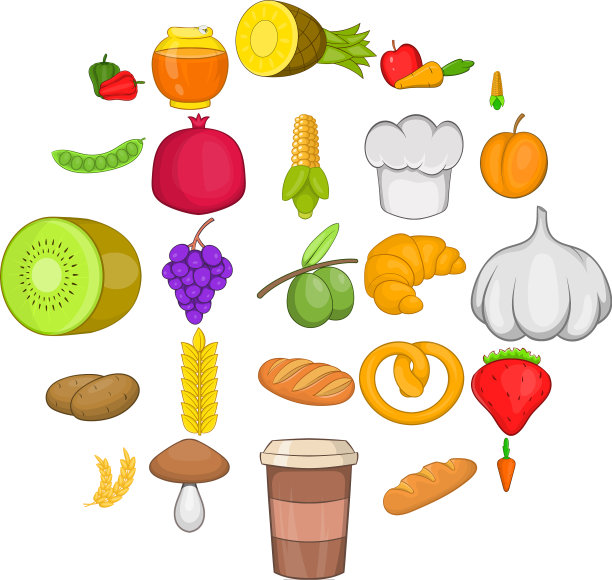 素食餐厅图标设置卡通风格图片下载