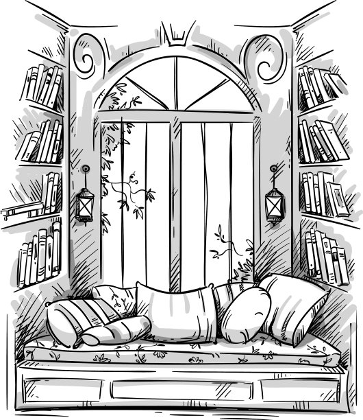 阅读角落舒适的窗户座位绘图图片下载