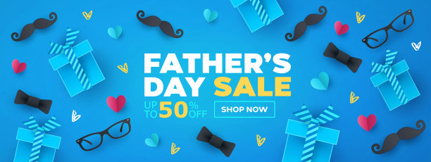 父亲节销售横幅，海报或传单设计折纸心，礼物，纸胡子，眼镜，领结。时尚广告、社交媒体、促销设计模板。图片下载