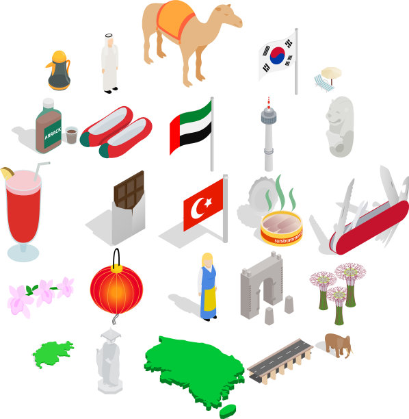 旅游景点图标设置等距风格图片下载