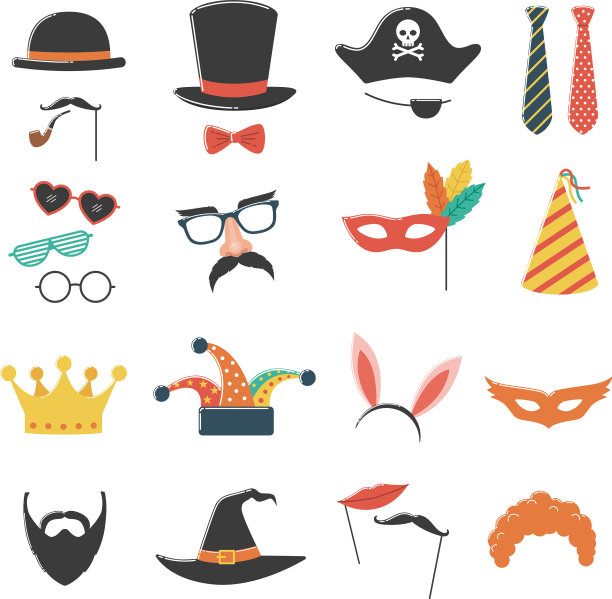 照片亭生日和派对设置与帽子面具图片下载