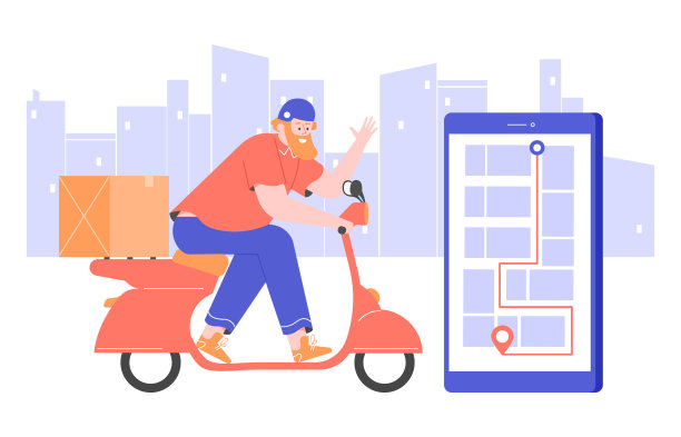 骑着小摩托车、戴着头盔的快递员在城市里骑行。快速、安全交付货物。带有GPS路线的智能手机。矢量平面插图。素材图片