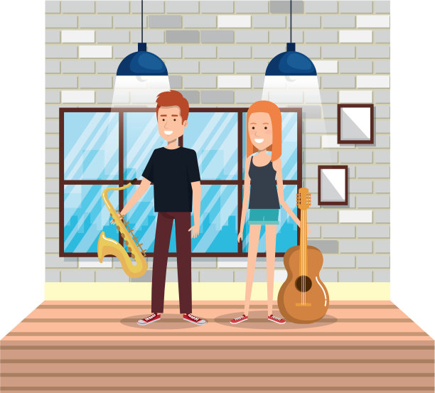 年轻夫妇在房子里演奏乐器图片下载
