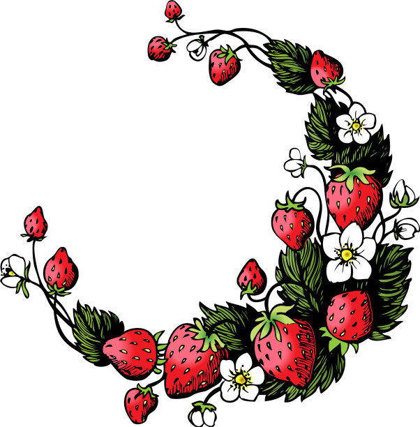手绘花环与草莓和鲜花图片下载
