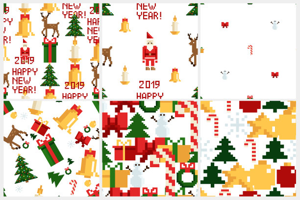 彩色像素图案设置与圣诞元素图片下载