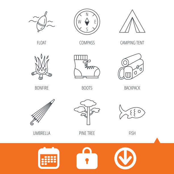 松树钓鱼浮子和登山靴图标图片下载