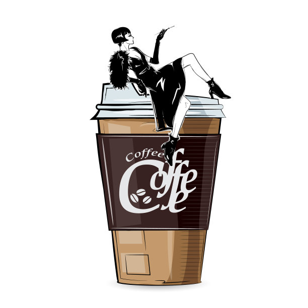 素描风格的时尚女孩和一杯咖啡图片下载