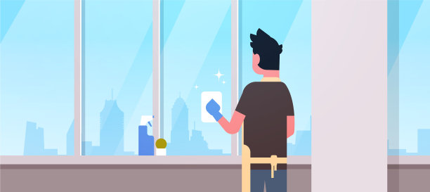 戴着手套和围裙的男人用抹布擦窗户图片下载