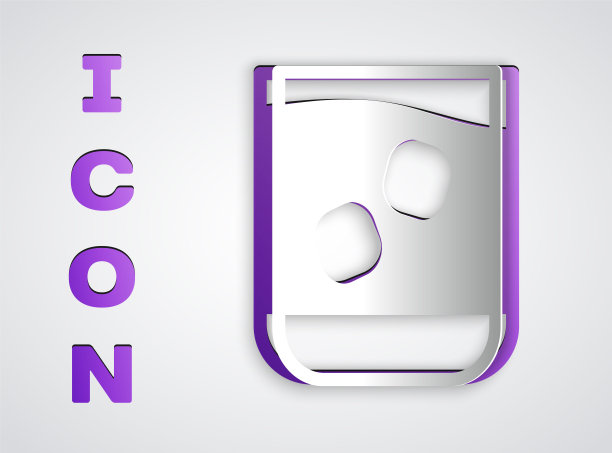 剪纸玻璃威士忌和冰块图标孤立在灰色背景。纸艺术风格。矢量图图片下载