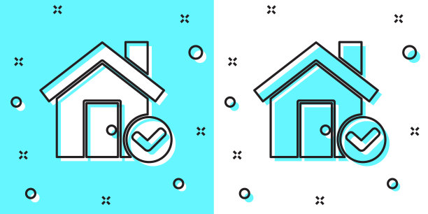 黑线房子与检查标记图标隔离在绿色和白色的背景。房地产中介或乡镇精英阶层。随机动态形状。矢量图图片下载