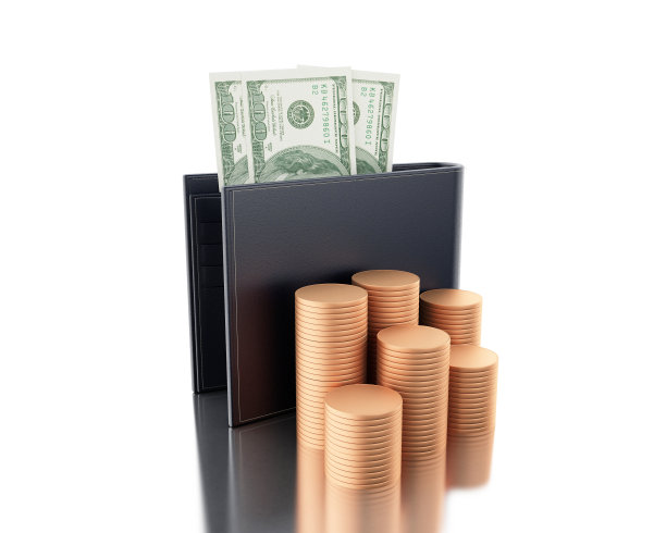 3 d演示。钱包里的美元和成堆的硬币图片下载