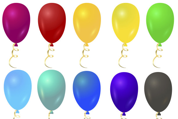 多色气球与金色旋转的丝带在白色的背景。十个气球。矢量插图。股票的照片。图片下载