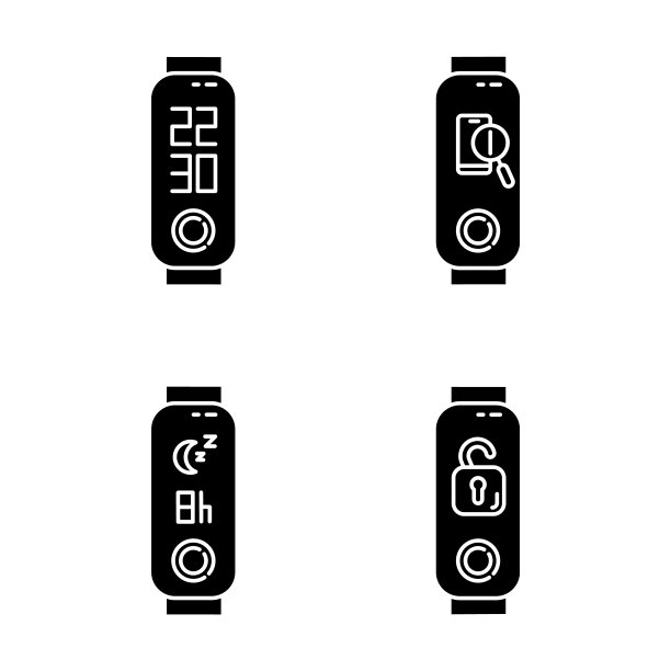 健身跟踪与数字时钟和睡眠时间控制字形图标设置。健康设备和丢失的智能手机寻找器。远程破解功能。轮廓符号。向量孤立的插图图片下载