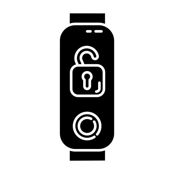 健身追踪器与打开的挂锁字形图标。可穿戴健康设备，具有远程解锁功能，安全控制选项。轮廓的象征。负空间。向量孤立的插图图片下载