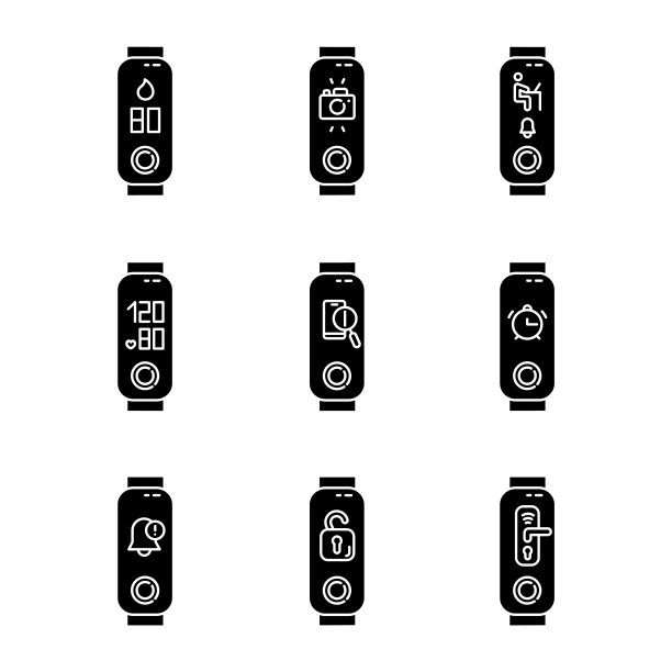 健身追踪器选项显示字形图标设置。健康的生活方式的配件。有丢失手机寻回器的健康小工具，智能家居通知。轮廓符号。向量孤立的插图图片下载