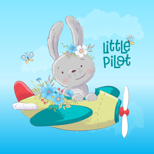 明信片海报可爱的兔子在飞机上和图片下载