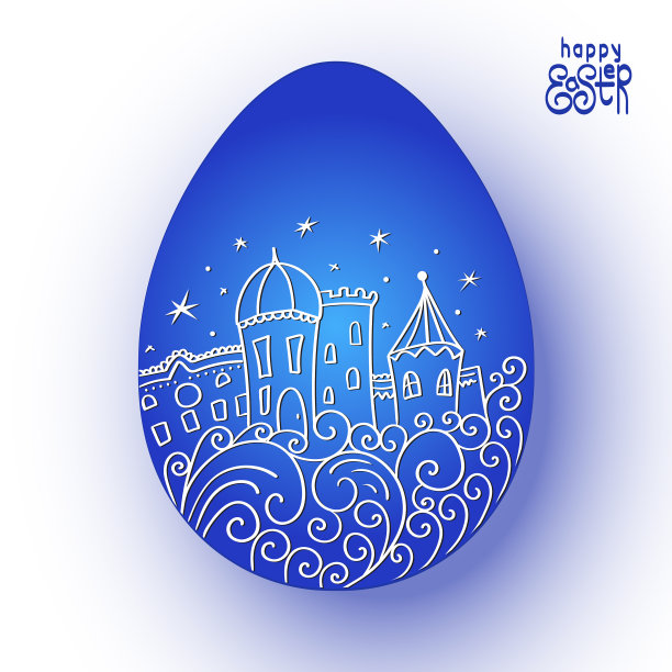 复活节快乐蓝色彩蛋与城镇图案图片下载