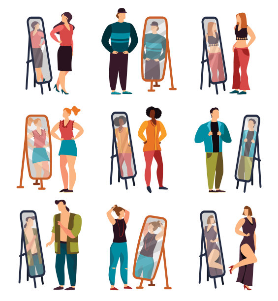 男人和女人穿着衣服照镜子图片下载