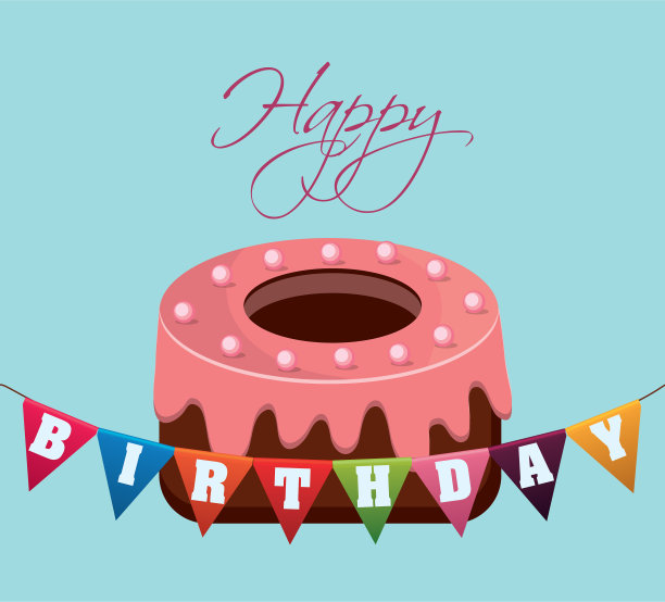 生日蛋糕上插着喜庆的彩旗图片下载