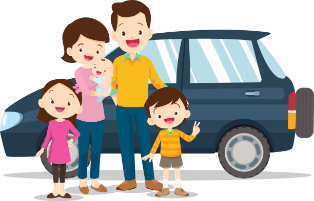白色背景下有辆车的幸福家庭图片下载